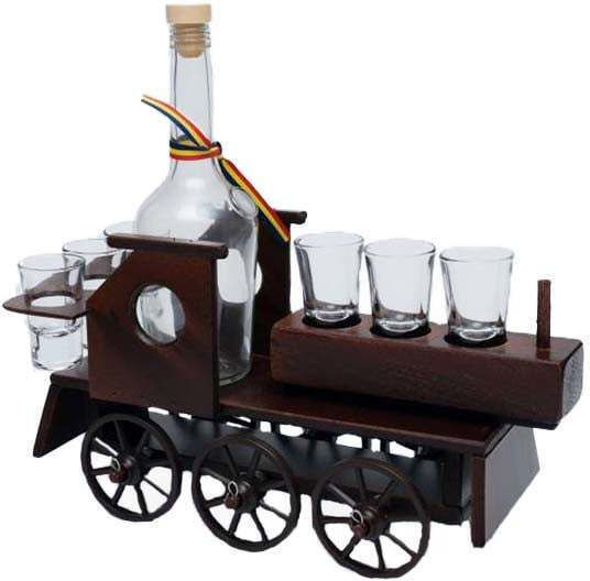 Minibar Set Holz-Train-Form Flaschenhalter 6 Gläser Bottega Fumé Grappa