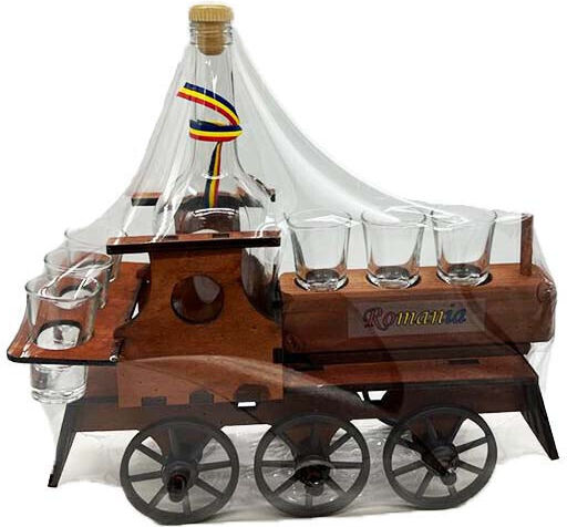 Minibar Set Wooden Train-shaped Holder Bottle 6 Glasses Bottega Fume Grappa