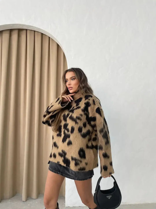 Women's Long Sleeve Sweater Animal Print Brown