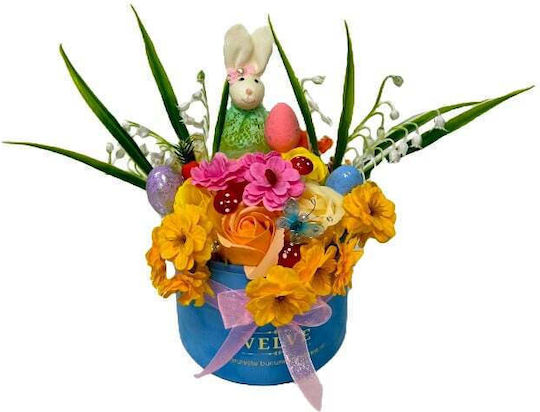 Aranjament Floral De Paște Decorațiune Iepure 3 Ouă Decorative Trandafiri Maci Garofi Floarea De Cireș Flori De Săpun Crin De Vale Artificial În Cutie Rotundă Din Catifea Albastră