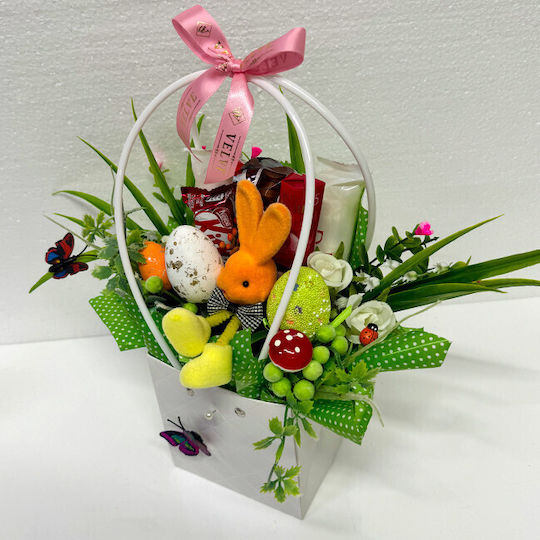 Coș Cadou Paște Iepuraș Decorațiune 3 Ouă Decorative Trandafiri Handmade Plante Verzi Praline Mon Chery 52.5g Kinder Bueno 43g Praline Raffaello 80g Kit Kat 40g