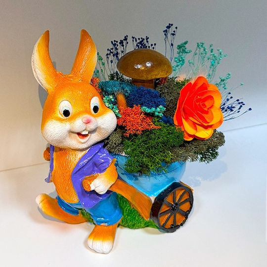 Aranjament Floral Iepuraș Băiat Căruță Iepuraș Mușchi Stabilizat Păstrat Criogenic Mătură Ciupercă Decorațiune Lemn Begonie Albastră