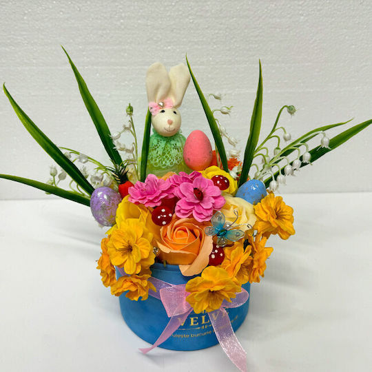 Aranjament Floral De Paște Decorațiune Iepure 3 Ouă Decorative Trandafiri Maci Garofi Floarea De Cireș Flori De Săpun Crin De Vale Artificial În Cutie Rotundă Din Catifea Albastră