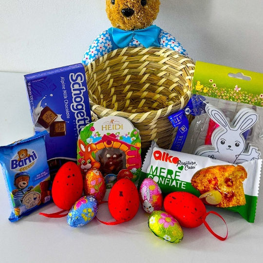Coș De Paște Schogetten Ciocolată 100g Barni Brioșă 30g Heidi Ciocolată 20g Alka Prăjitură Cu Măr 60g Set De Colorat Ouă De Ciocolată Decorațiuni Tematice Într-un Coș Din Paie