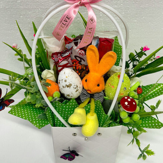 Coș Cadou Paște Iepuraș Decorațiune 3 Ouă Decorative Trandafiri Handmade Plante Verzi Praline Mon Chery 52.5g Kinder Bueno 43g Praline Raffaello 80g Kit Kat 40g