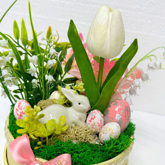 Aranjament Floral De Paște Decorațiune Iepure 5 Ouă Decorative Crin De Vale Lalea Eucalipt Artificial Pe Un Pat De Mușchi Natural Stabilizat În Cutie Rotundă