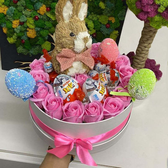 Sweet Easter Gift White Round Box Soap Roses Kinder Joy Easter Bunny Figurine