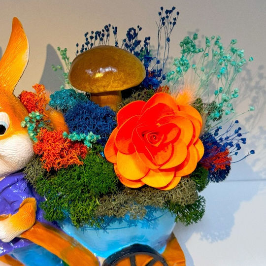 Aranjament Floral Iepuraș Băiat Căruță Iepuraș Mușchi Stabilizat Păstrat Criogenic Mătură Ciupercă Decorațiune Lemn Begonie Albastră