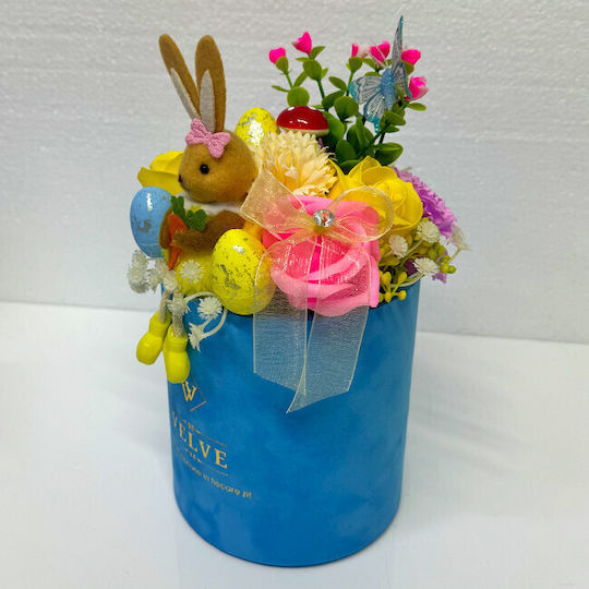 Aranjament Floral De Paște Decorațiune Iepure 3 Ouă Decorative Plante Verzi Trandafiri De Săpun Garofi În Cutie Rotundă Din Catifea Albastră