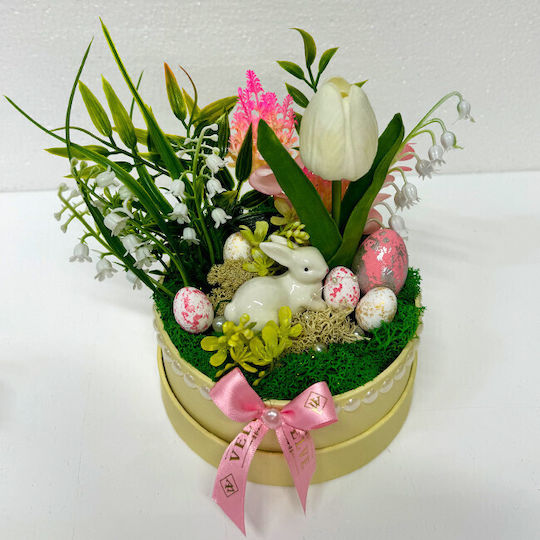 Aranjament Floral De Paște Decorațiune Iepure 5 Ouă Decorative Crin De Vale Lalea Eucalipt Artificial Pe Un Pat De Mușchi Natural Stabilizat În Cutie Rotundă