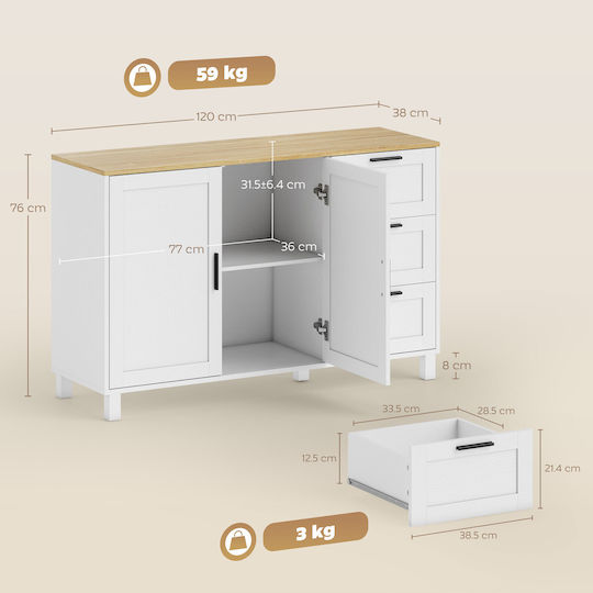 Μπουφές από Ξύλο με Συρτάρια Λευκό 120x38x76cm