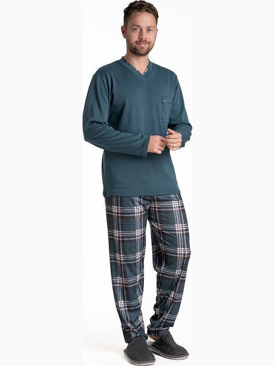 Relax Anatomic Χειμερινή Καρό Ανδρική Πιτζάμα Βαμβακερή Πετρόλ
