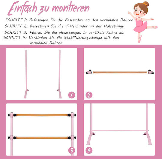 Costway Ροζ Φορητή Μπαλέτο Μπάρα 121x75x121,5 Cm Διπλές Ρυθμιζόμενες Ξύλινες Ράβδους Sp37862pi