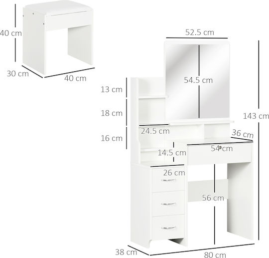 Bodenstehender Schminktisch aus Holz Weiß mit Spiegel & Hocker 80x38x143 cm