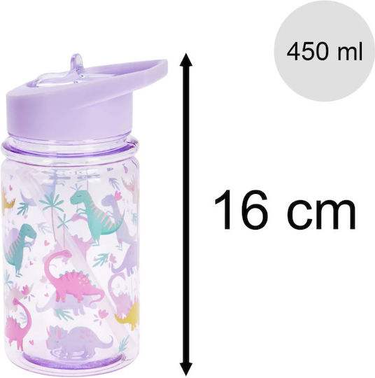 Gezellig Sticlă Pentru Copii Dinozaur Plastică Cu Pai Roz 450ml