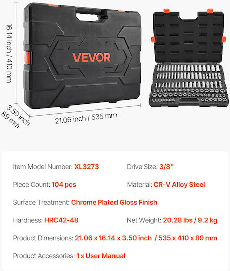 Vevor Καρυδάκια με Καρέ Υποδοχής 3/8" Σετ 104τμχ