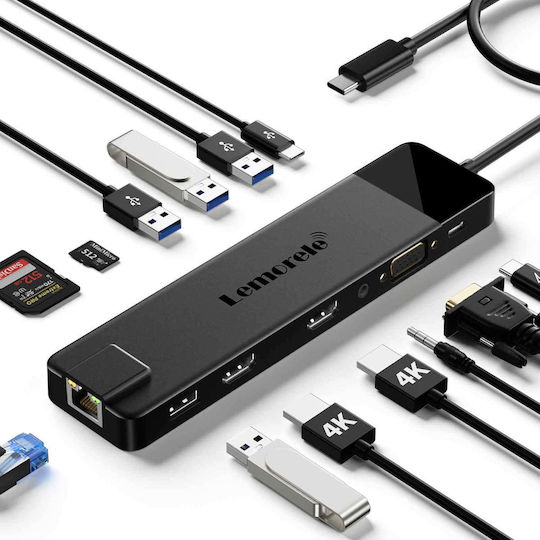 Lemorele TC96 USB-C Лаптоп Докинг Станция с HDMI 4K PD Ethernet и Свързване на 2 Монитора Черен