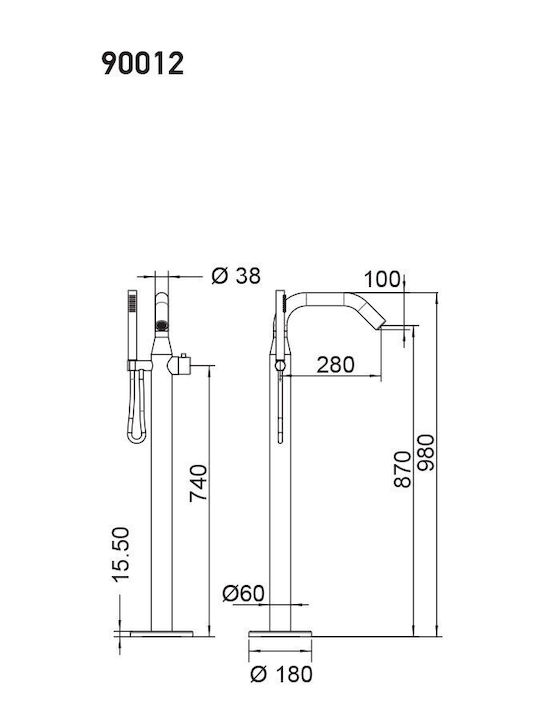 Icos Dusche Badarmatur Bodenmontage Höhe 99,50 cm Icos 316 Gebürsteter Edelstahl