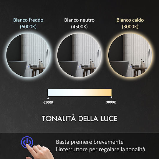 Kleankin Round Bathroom Mirror Led Touch made of Plastic 60x60cm White
