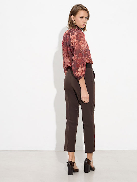 Damen Hoch tailliert Stoff Hose mit Gummizug Brown
