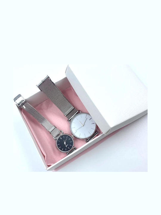 Set Womens Battery Watch With Silver Metal Bracelet
