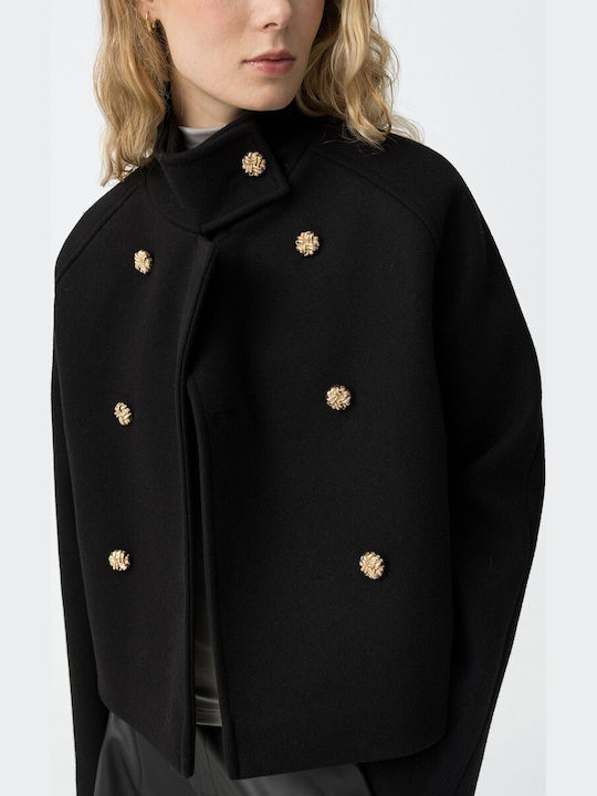 Women's Black Peacoat with Buttons
