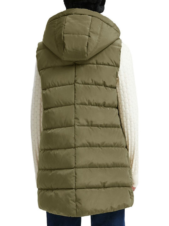 Дълго Дамско Без Ръкави Puffer Якето За Зима Каки