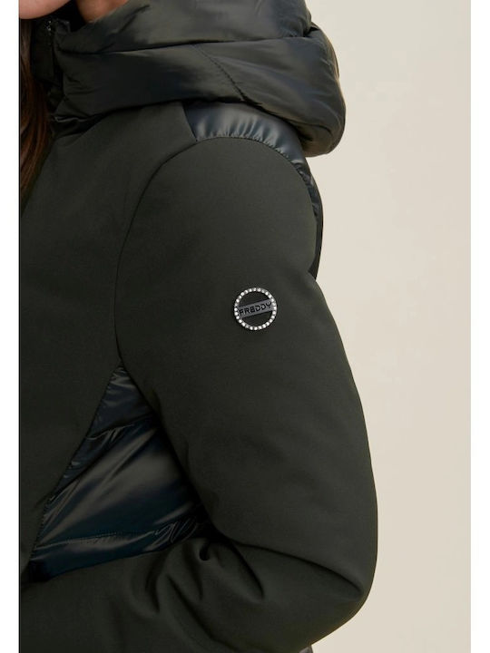 Women's Long Lifestyle Jacket for Winter with Hood Dark Green