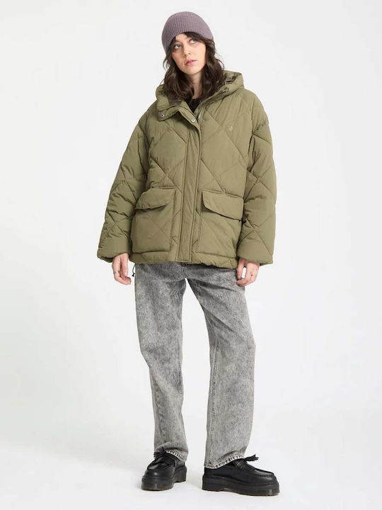 Puff Κοντό Γυναικείο Puffer Μπουφάν Αδιάβροχο Wintermoss Green
