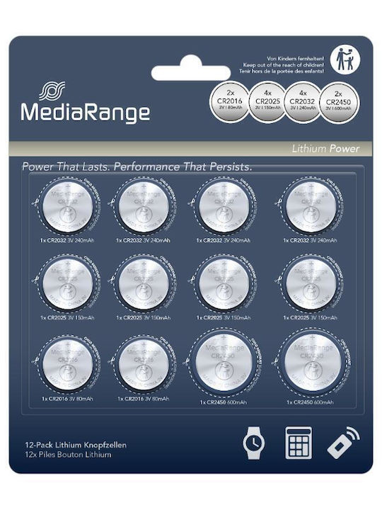 MediaRange Lithium Coin Cell Assorted Set Batterien CR2016 / CR2025 / CR2032 / CR2450 3V 12Stück