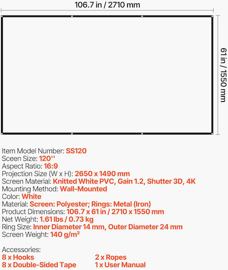 Vevor Projection Screen With Aspect Ratio 16:9 120"