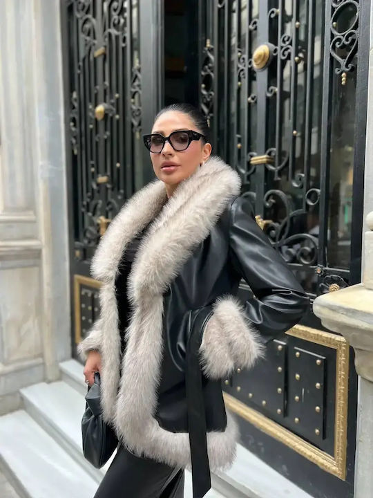 Leather Women's Black Coat with Fur Details
