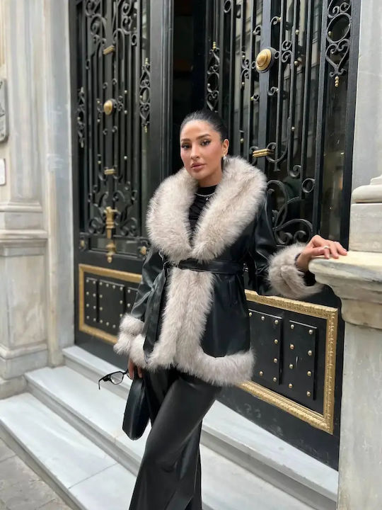 Leather Women's Black Coat with Fur Details