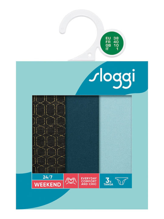 24/7 Weekend Tanga Βαμβακερά Women's Slip 3Pack with Lace Blue / Ciel / Black