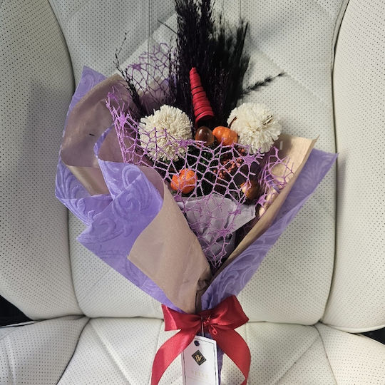Buchet Floral Halloween Amber Dream Mătură Lagurus Criogen Preservat Detalii Tematice Dovleci Alune de Pădure
