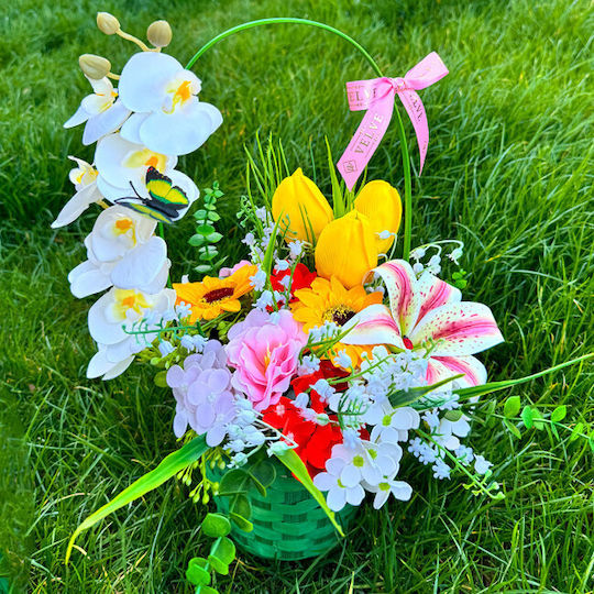 Coș Aniversar Colecție Florală Plante Verzi Orhidee Iris Handmade Lăcrămioare Lalele Floarea Soarelui Săpun Hortensii Într-Un Coș Verde Împletit Coș Aniversar Colecție Florală Plante Verzi Orhidee Iris Handmade Lăcrămioare Lalele Floarea Soarelui Săpun Hortensii Într-Un Coș Verde Împletit