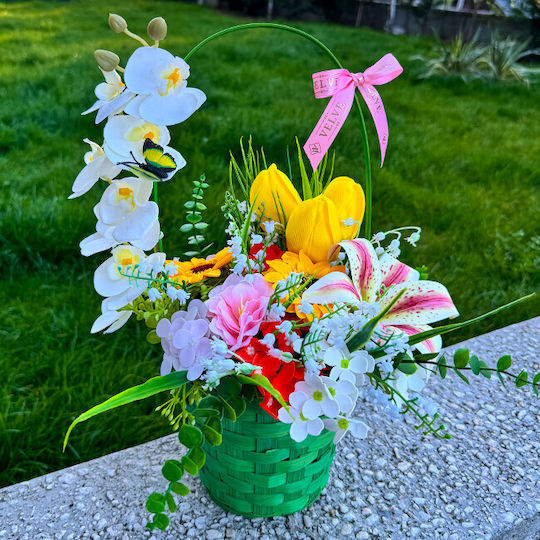Anniversary Basket Floral Collection Green Plants Orchid Iris Handcrafted Lily Valley Tulips Sunflower Soap Hydrangeas In A Green Woven Basket