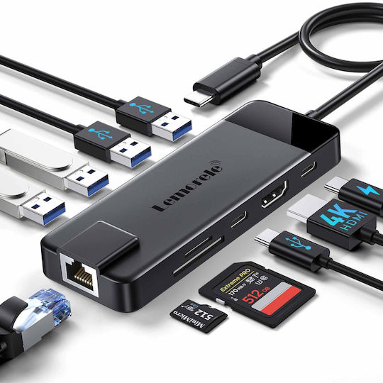 Lemorele TC93 USB-C Docking Station mit HDMI 4K PD Ethernet Schwarz