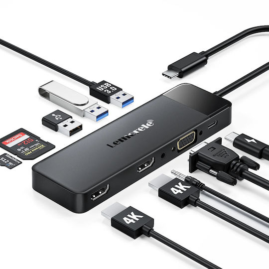 Lemorele TC94 USB-C Докинг станция с HDMI 4K PD Ethernet и свързване 3 монитора Черен
