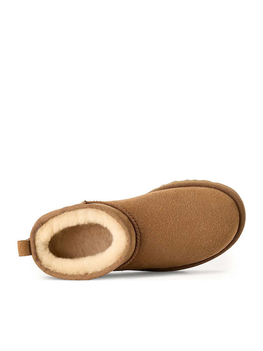Classic Ultra Mini Leather Women's Ankle Boots with Fur Chestnut