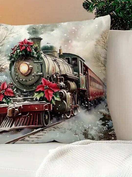 By Queen Limited Edition Christmas Decorative Pillowcase Velvet Vintage Train & Poinsettia 45x45cm