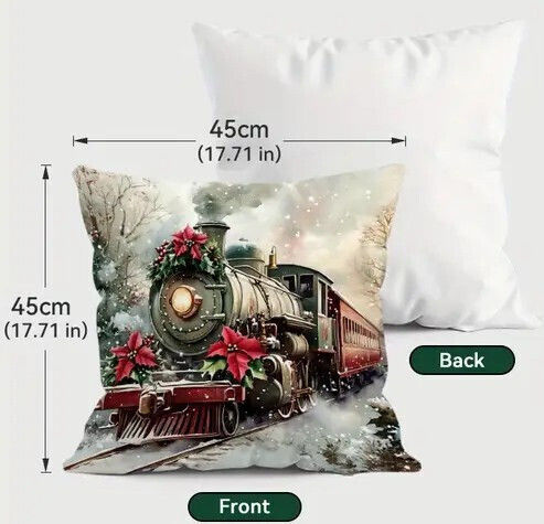 Queen Limited Edition Weihnachtsdekorative Kissen Μαξιλαροθήκη Χριστουγεννιάτικη Velvet Vintage Τρένο & Ποϊνσέτια 45x45εκ