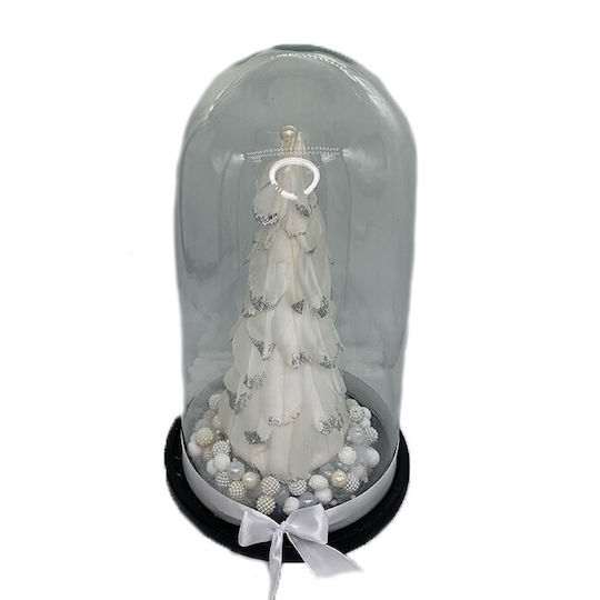 Christmas Decoration Small Christmas Tree Decorated White Silver Feathers In Glass Dome Ø 18 Cm X 32 H White