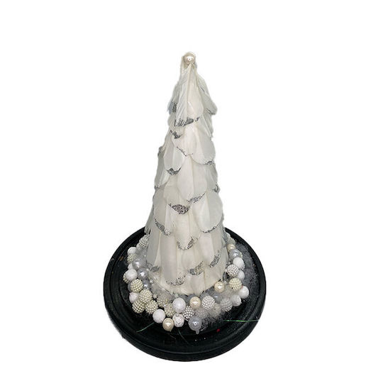 Christmas Decoration Small Christmas Tree Decorated White Silver Feathers In Glass Dome Ø 18 Cm X 32 H White