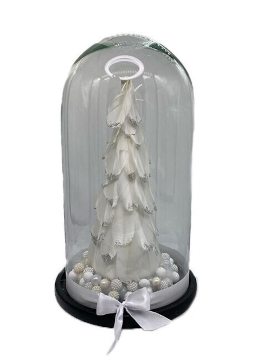 Decoratiune De Crăciun Arbore De Crăciun Mic Împodobit Alb Argintiu Pene În Cupolă De Sticlă Ø 18 Cm X 32 Înălțime Alb