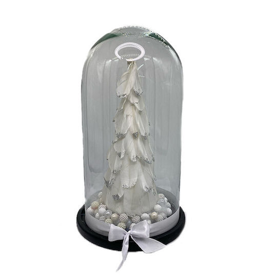 Christmas Decoration Small Christmas Tree Decorated White Silver Feathers In Glass Dome Ø 18 Cm X 32 H White
