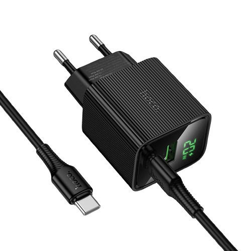 Hoco Ladegerät mit USB-A Anschluss und USB-C Anschluss und Kabel USB-C - USB-C 20W Stromlieferung / Schnellaufladung 3.0 / Schnellaufladung 2.0 Schwarzs (CS83A)