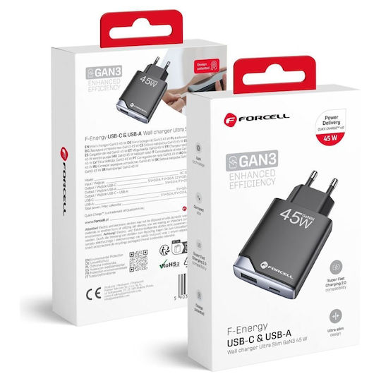 Forcell Φορτιστής Χωρίς Καλώδιο GaN με Θύρα USB-A και Θύρα USB-C 45W Power Delivery / Quick Charge 4.0 Μαύρος (F-Energy Ultra Slim)