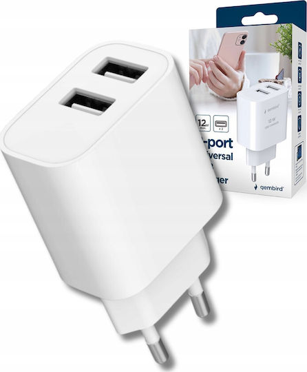 Gembird Зарядно без кабел с 2 USB-A порта Бял (TA-UC-2A12-01)