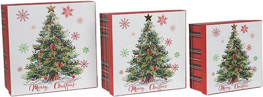 Кутия За Подарък Комплект/3 Коледно Дърво 15,5x15,5x7,5 См Бяло Червено